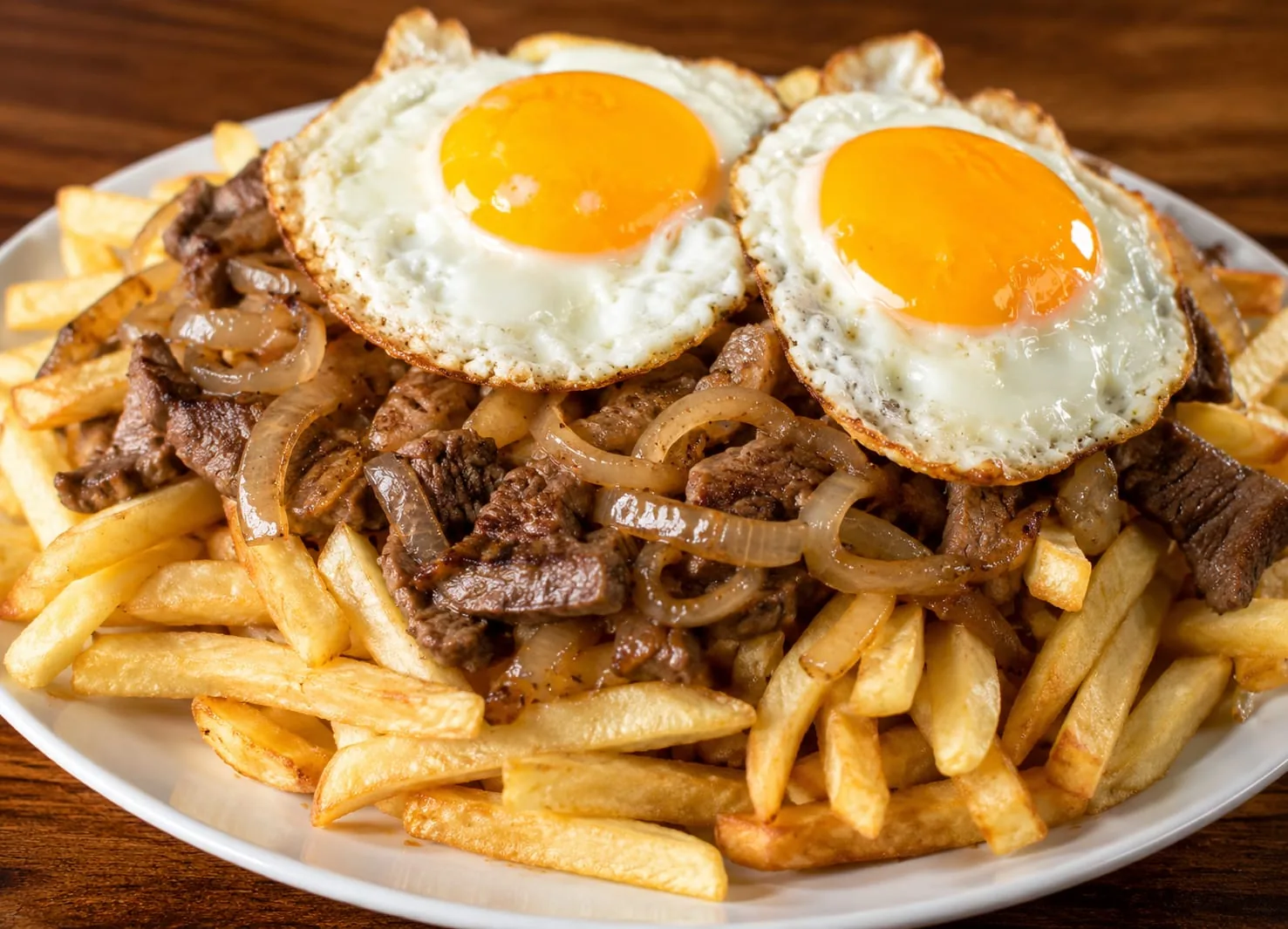 Chorrillana con papas fritas, carne, cebolla y huevos fritos