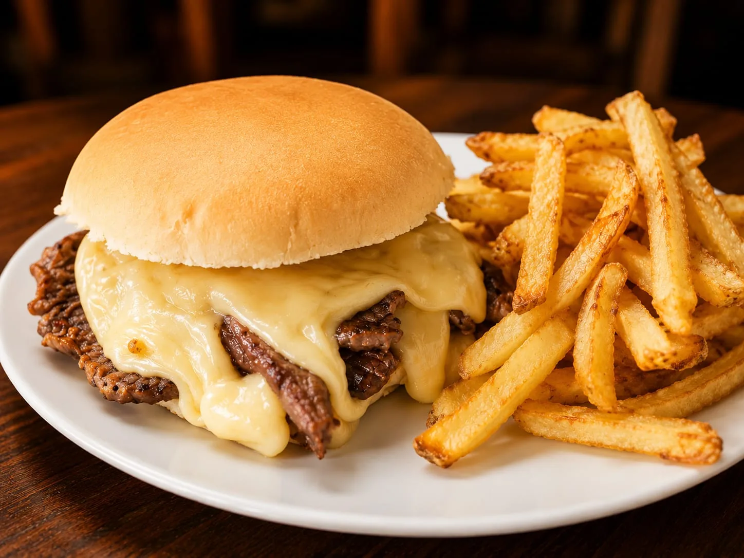 Churrasco con queso derretido y papas fritas